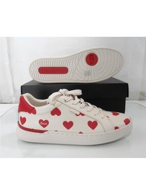 Coach Cream Leather Low-Top Sneakers with Red Heart Motif